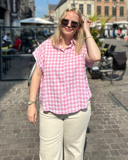 Checked Short Sleeve Blouse Pink