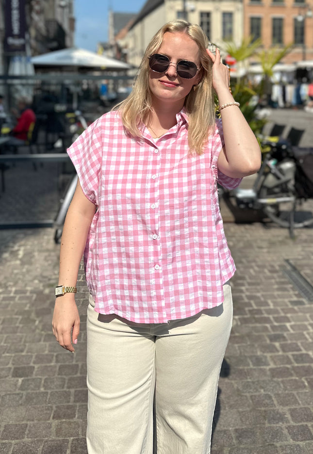 Checked Short Sleeve Blouse Pink