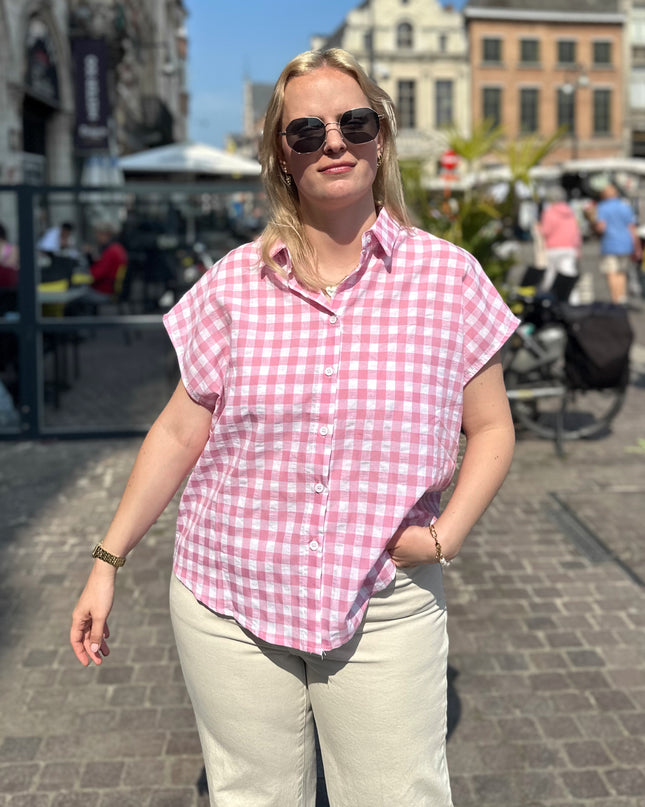Checked Short Sleeve Blouse Pink