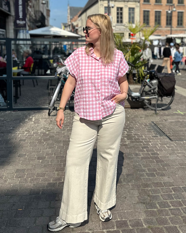 Checked Short Sleeve Blouse Pink
