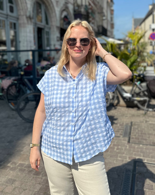 Checked Short Sleeve Blouse Blue
