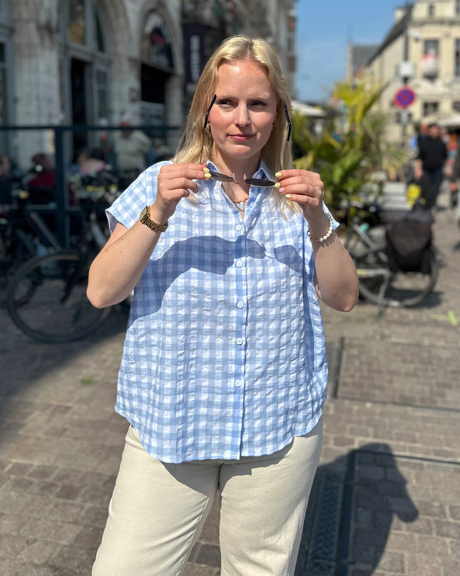 Checked Short Sleeve Blouse Blue