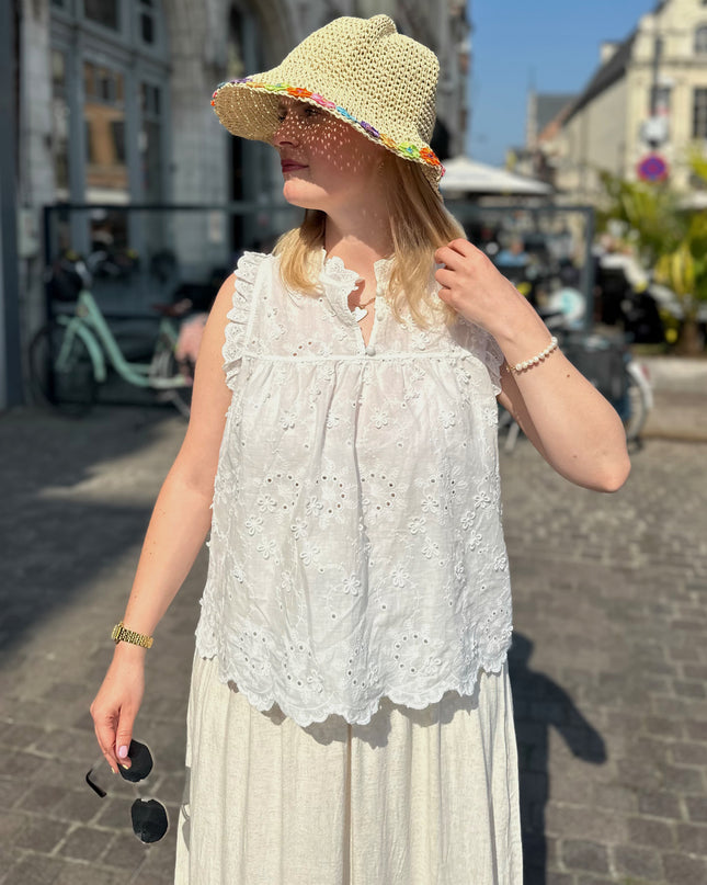 Sleeveless Broderie Blouse White