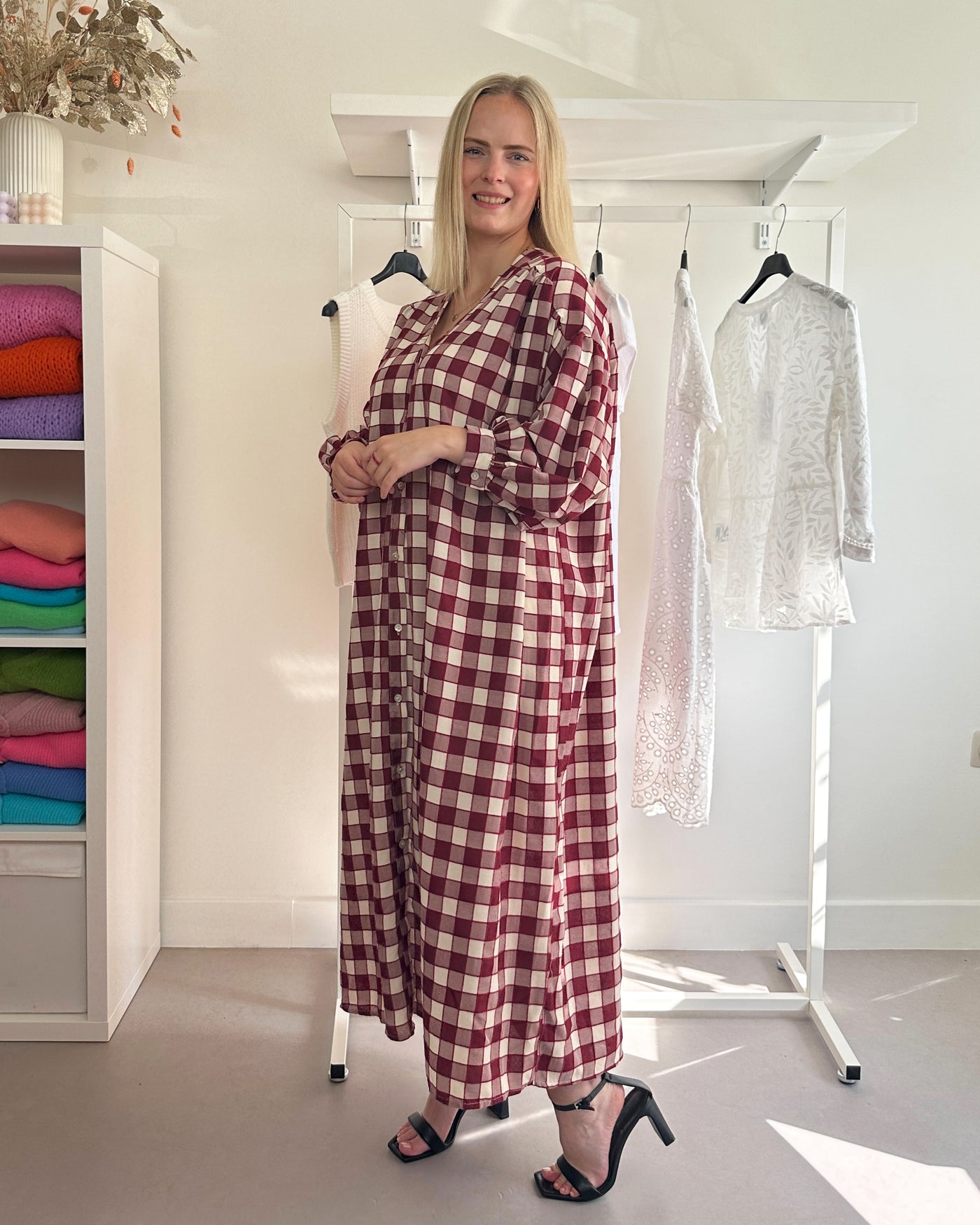 Checked Loose Maxi Dress Red